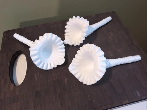 3 Fenton Milk Glass Hobnail Epergne Replacement White Horn Flower Vase Vtg READ