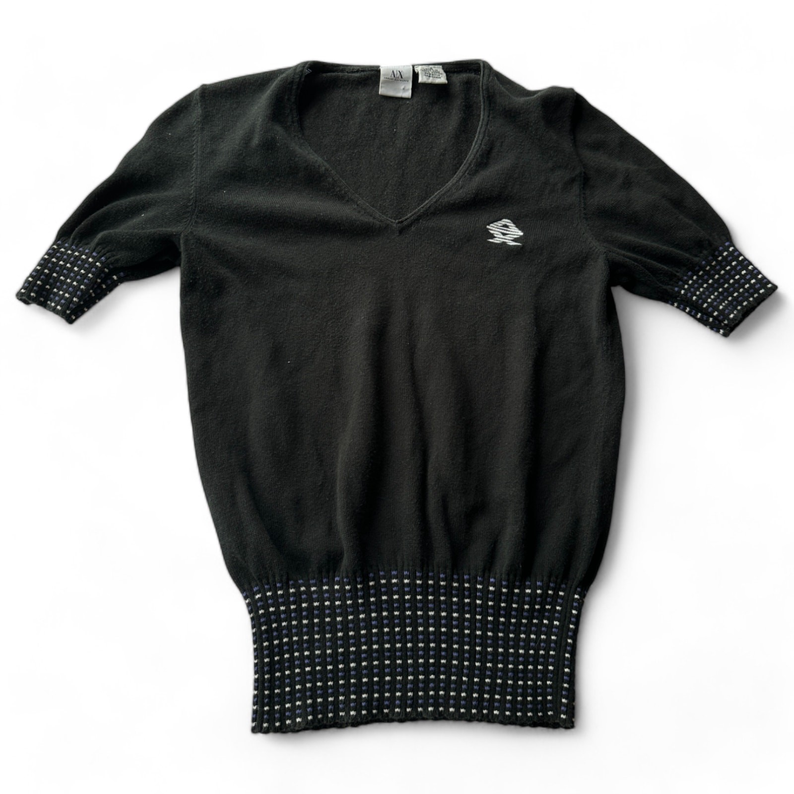 Vintage Armani Exchange Knit Short Sleeve Black Logo V Neck Sweater S