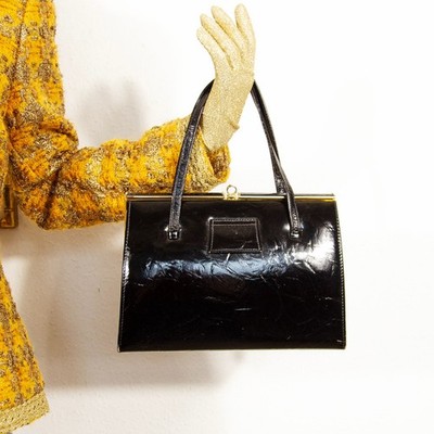 Vintage 50er Jahre schwarz Lackleder Gestell Handtasche Kiss Lock strukturiert Top Griff