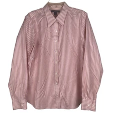 Lands End Button Up Shirt Long Sleeve Pink Orange White Stripe Cotton 12 Petite