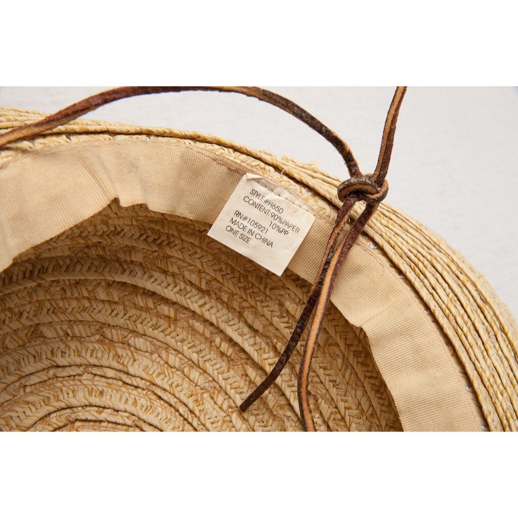 Vtg 1970\'s Women\'s Tan Hand Woven Straw Hat Extra Wide Brim Leather Tie NWOT Vtg 1970 main image 4