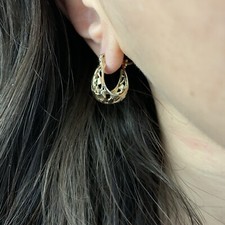 Open work Cutout Gold Over Sterling Silver Hoop Huggie Earrings 925 Turkey