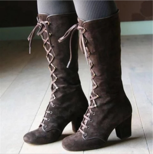 Women's Lace Up Booties Steampunk Knee High Boots Gothic Retro Block Heels Shoes - Picture 6 of 11