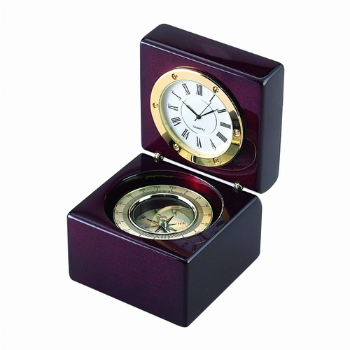 Quadratische Holzkiste mit Uhr & Kompass, 2,75"