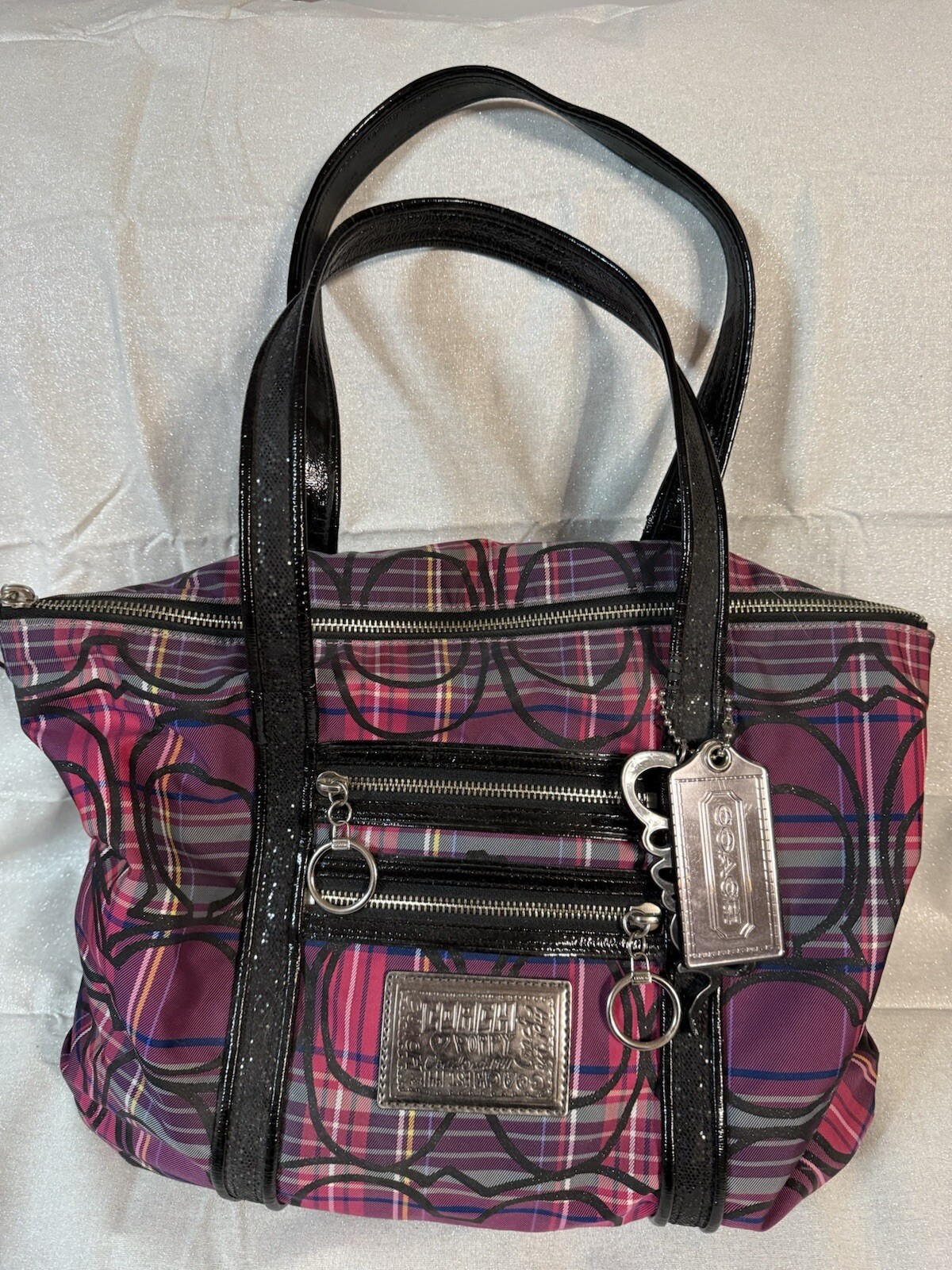 COACH Poppy Glam Tartan Plaid Tote with Double Handles in Pink and Purple