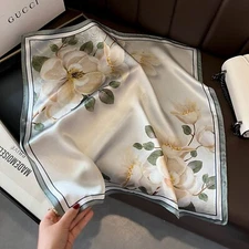100% Silk 21'' Scarf Women Vintage Head Wrap Small Kerchief Turban White Flower