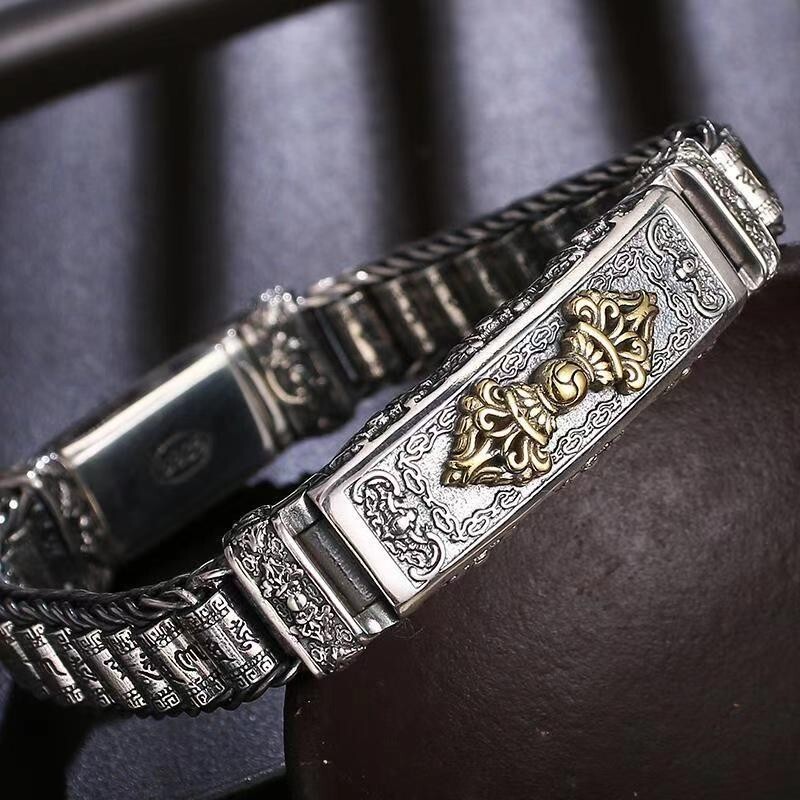 Vintage Silver Men's Bracelet with Rotating Six Character Proverbs