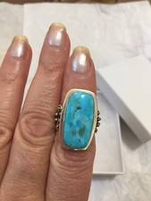 925 Sterling Silver Genuine Blue Indian Rectangle Large Turquoise Ring 6.5
