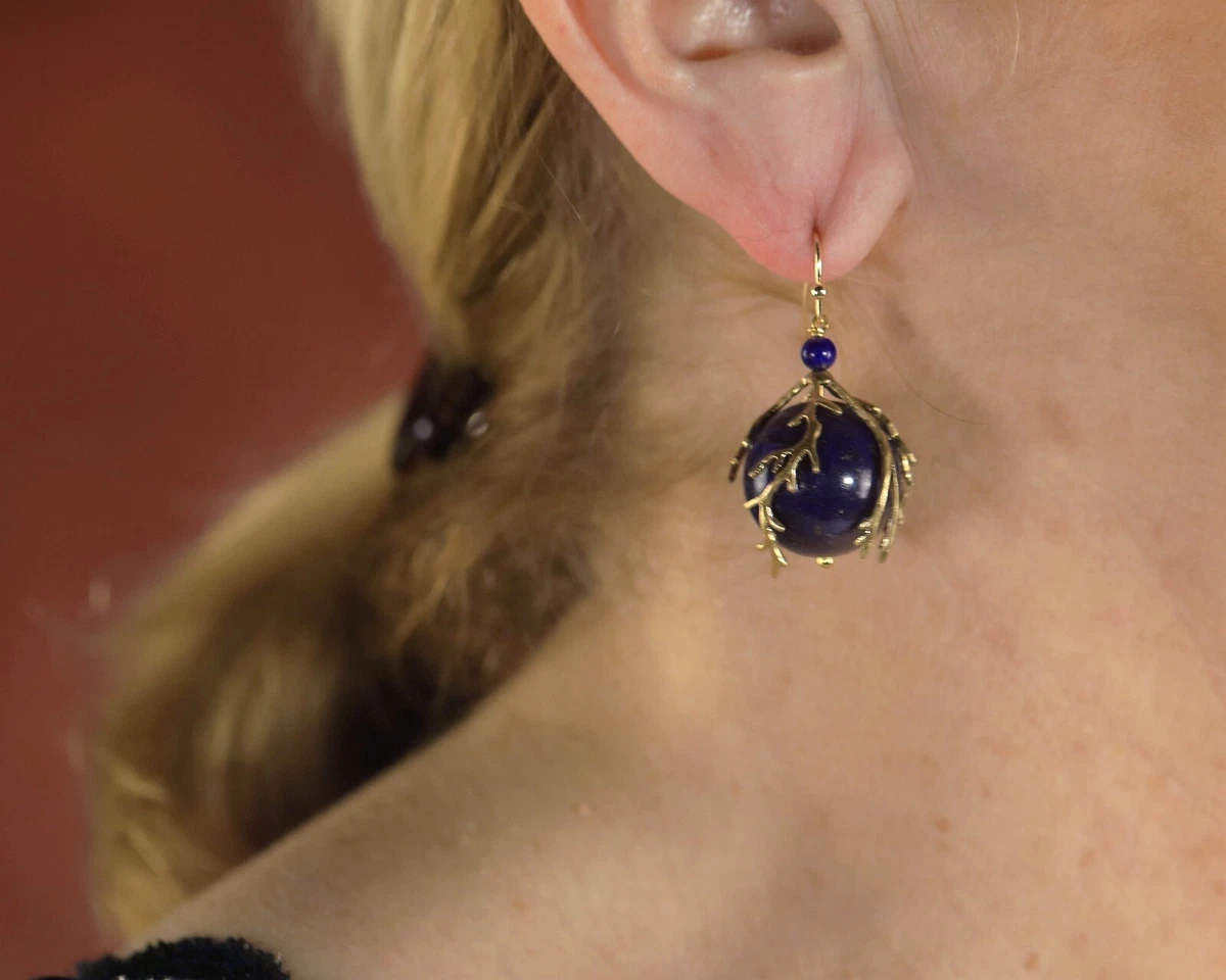 Boucles D'oreilles Crochet Doré – Grosse Perle Lapis Lazuli Bleu – Vintage Style – DZ3 – Neuf Sans Boîte