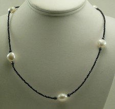 Freshwater White Pearl Black Spinel, Hematite Necklace with Silver Clasp 38"