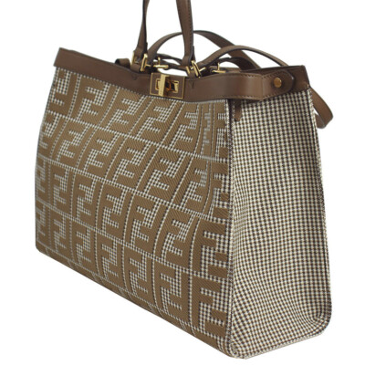 Brand New Fendi Brown houndstooth wool shopper bag w/FF embroidery