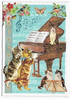 Postcard Glitter Tausendschoen Cats Playing Piano and Singing Postcrossing