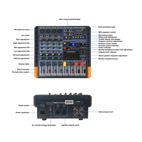 2000W 4 Channel Powered Audio USB Mixer W/ Bluetooth 2CH UHF Handheld Microphone - Picture 4 of 12