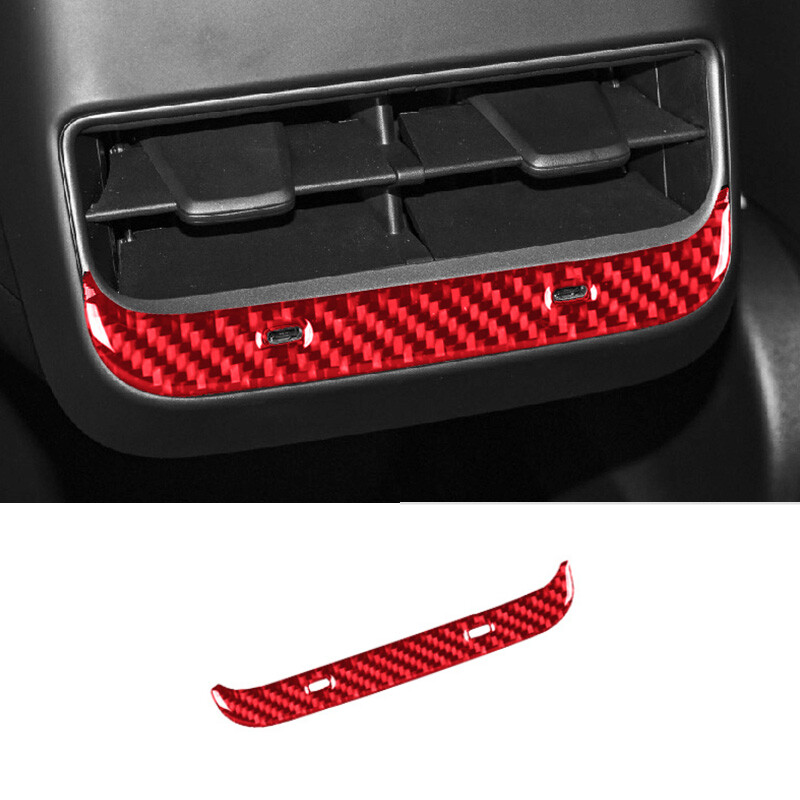 Red Carbon Fiber Car Central Armrest Box Rear AC Vent Cover For Model 3 Y 17-22