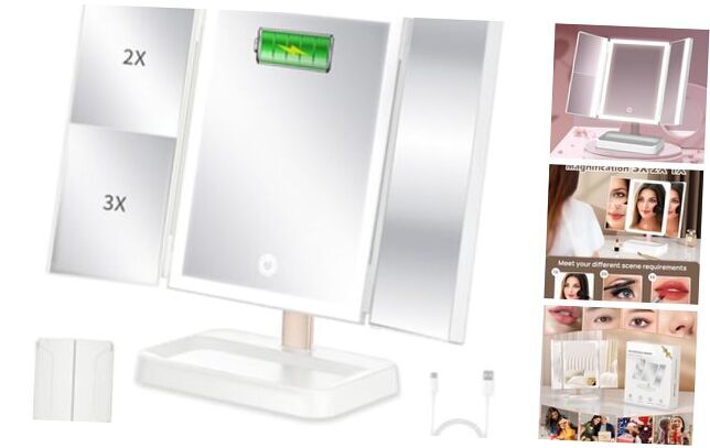 Portable Rechargeable Trifold LED Travel Makeup Mirror with Touch Control