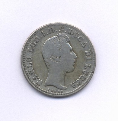 ITALY TUSCANY (LUCCA)  CARLO LUDOVICO  1837  2 LIRE SILVER COIN, F/VF, ABOUT VF