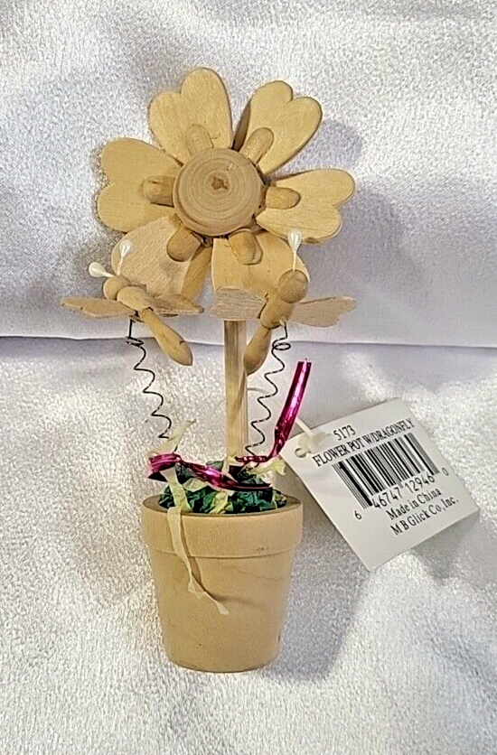 Small Wooden Flower In Pot With Two Dragonflies Paint Decor
