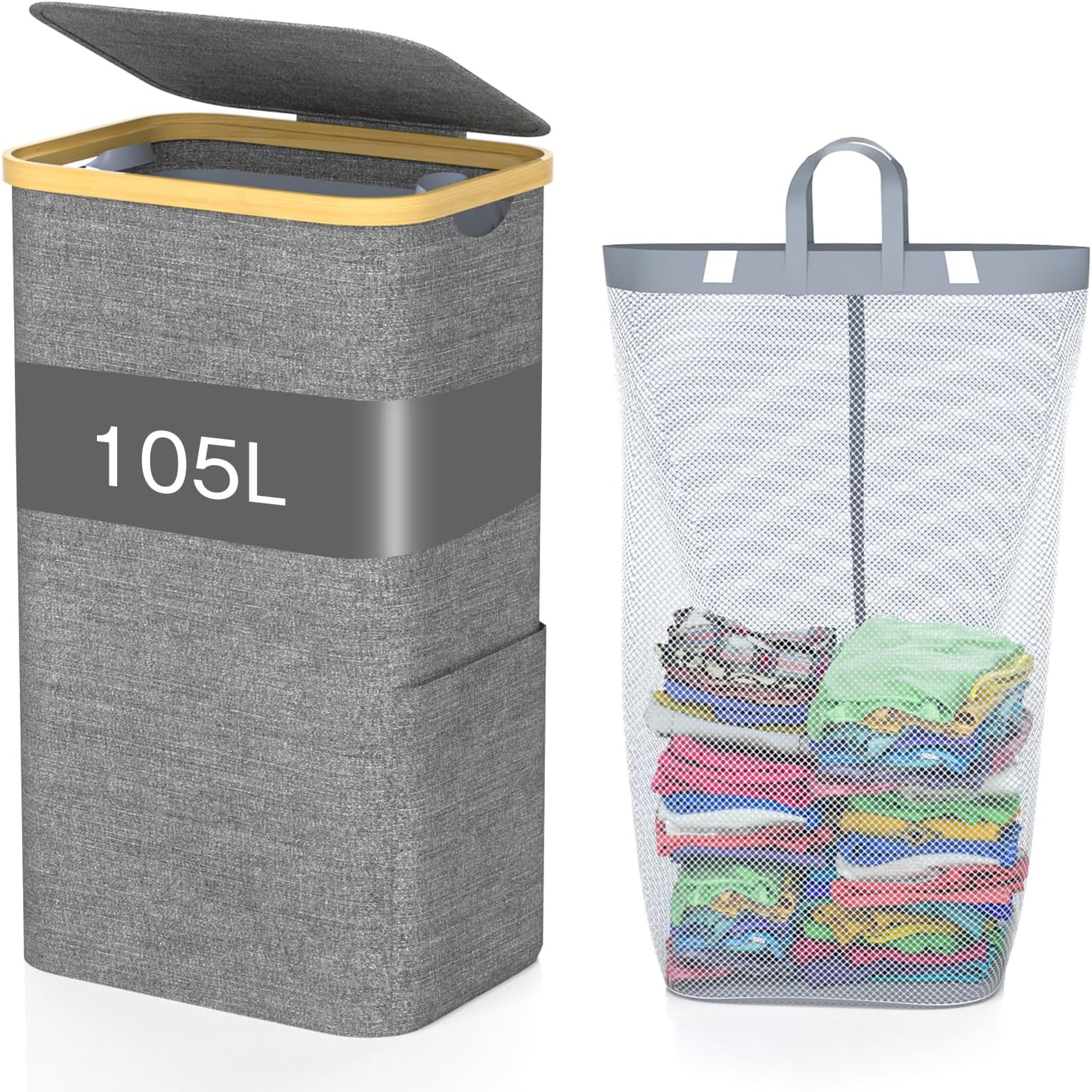105L Laundry Basket with Lid, Large Foldable Washing Basket with Removable Inner