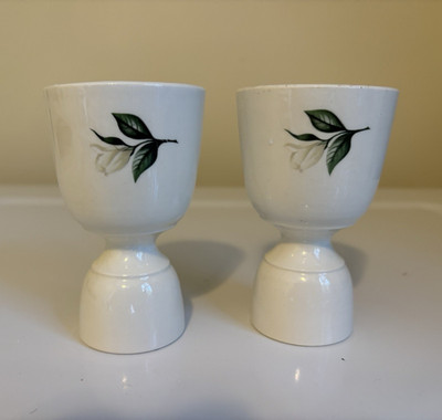 Set of 2 White Glazed Ceramic Floral Pedestal Egg Cups with Green Leaf