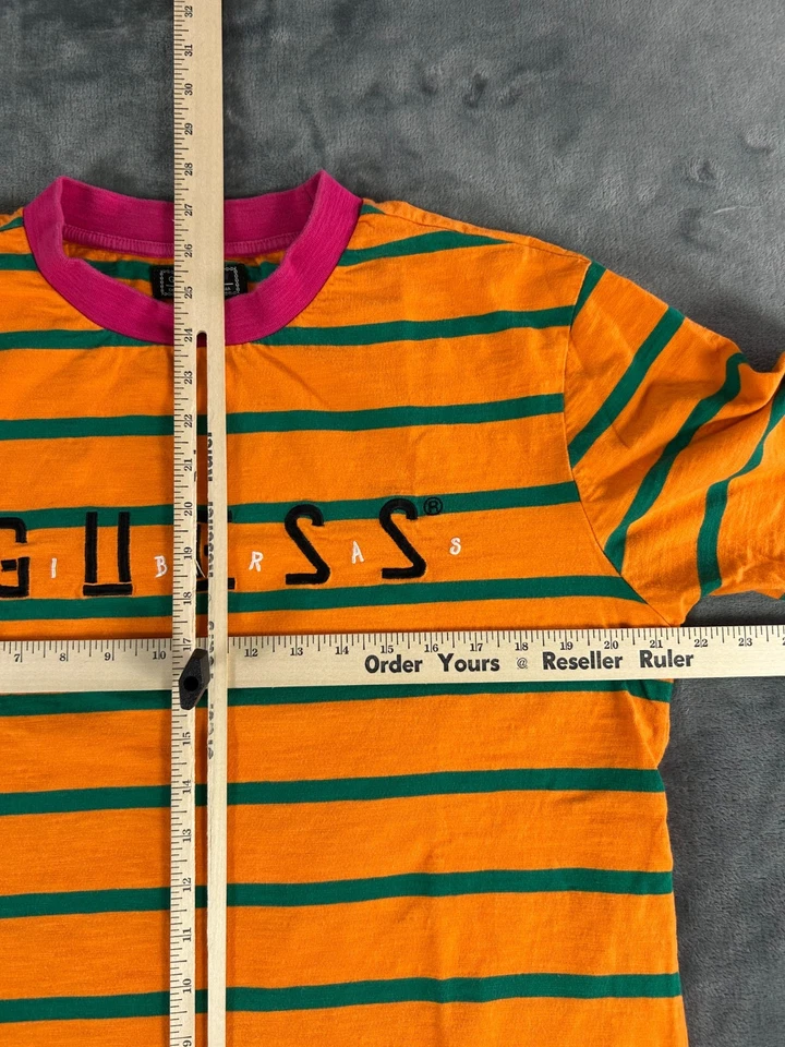 Vintage GUESS Originals Striped T-Shirt Mens Small Orange Pink Spell out - Image 4 of 4