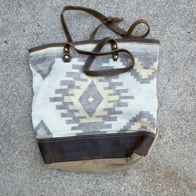 Women s Beige Brown Aztec Geometric Tote Zip Closure Inner Pockets Gold Hardware