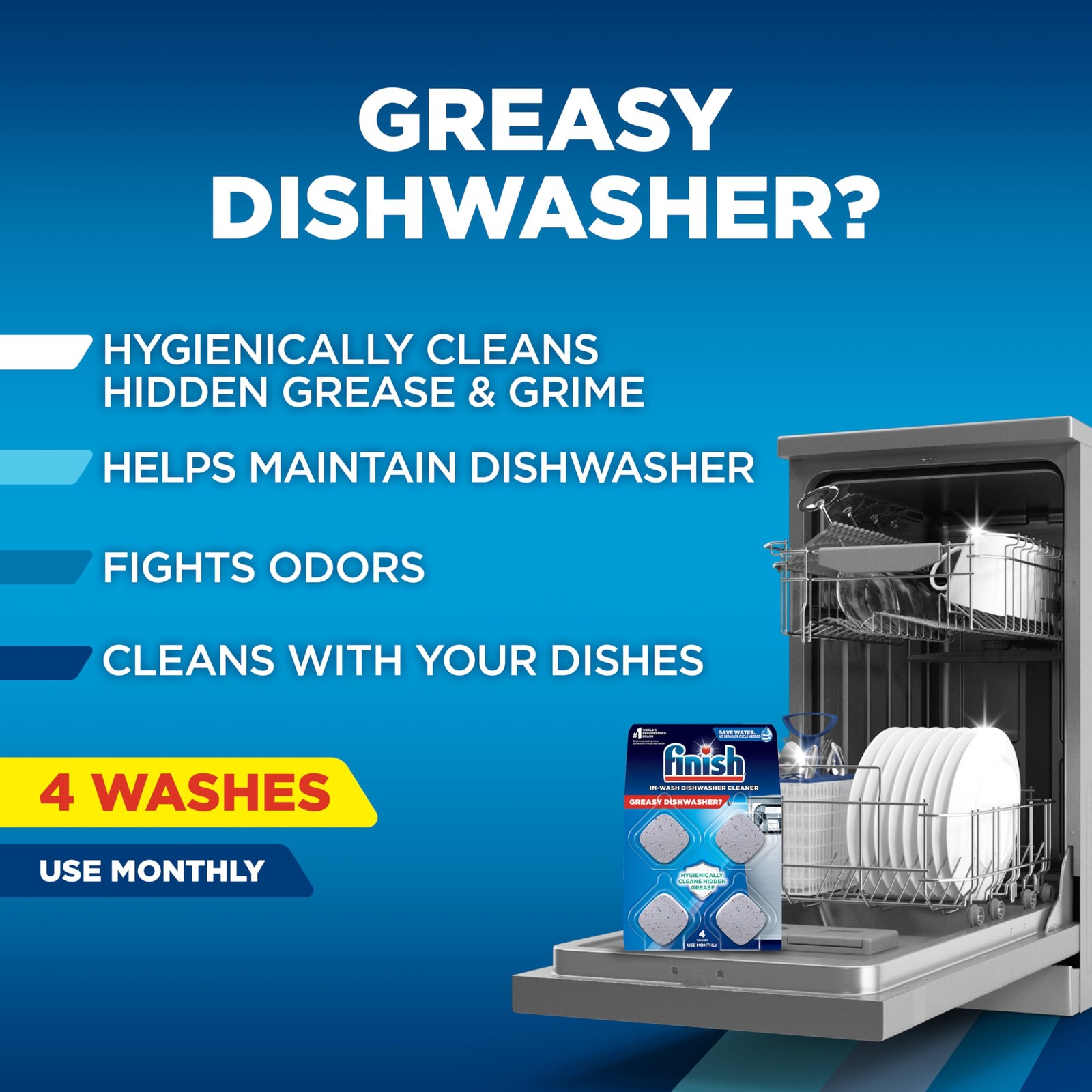 Finish Dishwasher Cleaner Tablets, Deep Cleans Hidden Grease  Grime, Fights