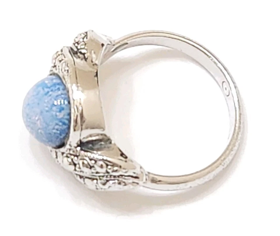 Silver Avon Blue Pink Sparkle Opal Marcasite Engraved Marcasite Cocktail Ring S6 - Image 3 of 4