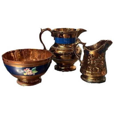 Antique English France Copper Lustre Lusterware Pitchers Bowl Blue Band Lot 3