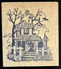 Great Impressions Rubber Stamp Haunted House Ghosts Witch Bat Moon Halloween HTF