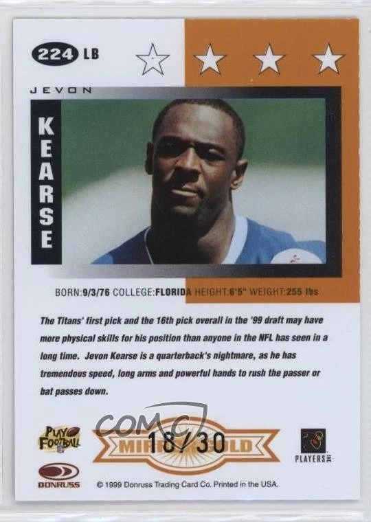 1999 Leaf Certified Mirror Gold /30 Jevon Kearse #224 Rookie RC - Image 2 of 2