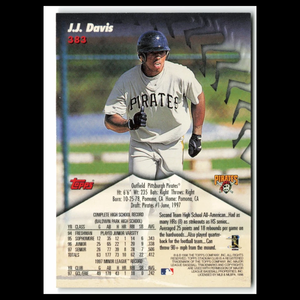 J.J. Davis Rookie #383 1998 Topps Stadium Club Pittsburgh Pirates Baseball Card - Image 2 of 3