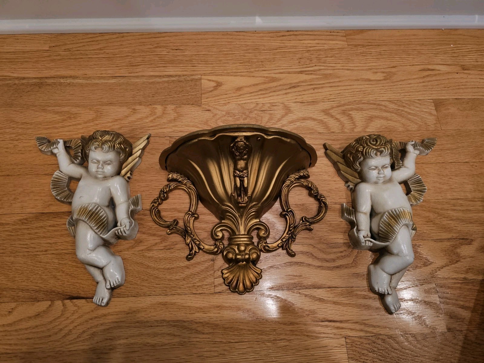Burwood  Pair Of Gold/White Cherub Angels 2020-1 2020-2 And Gold Shelf