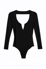 Women  s Black Long Sleeve Bodysuit   Deep V Neck Stretch Leotard Style  Snap