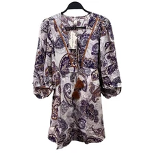 Band Of The Free Size S Lyonnette Paisley Boho Long Sleeve Mini Dress Cream NWT