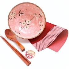 Japanese Sakura Ramen Noodle Bowl 6.6" 5pc Coordinated Set Made in Japan Pink