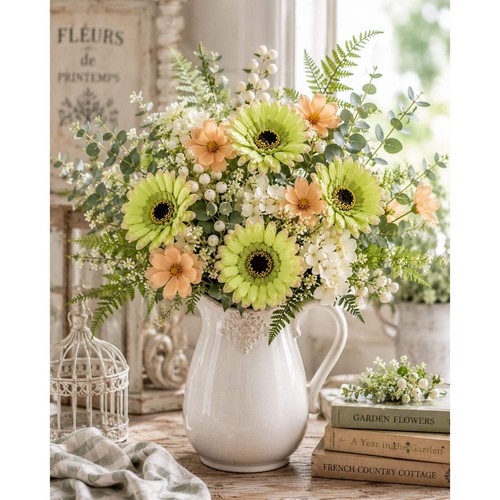 2er Set grüne Gerbera Gänseblümchen Sträucher Kunstblumen Kunstblumen Stiele Frühling - Bild 6 von 9