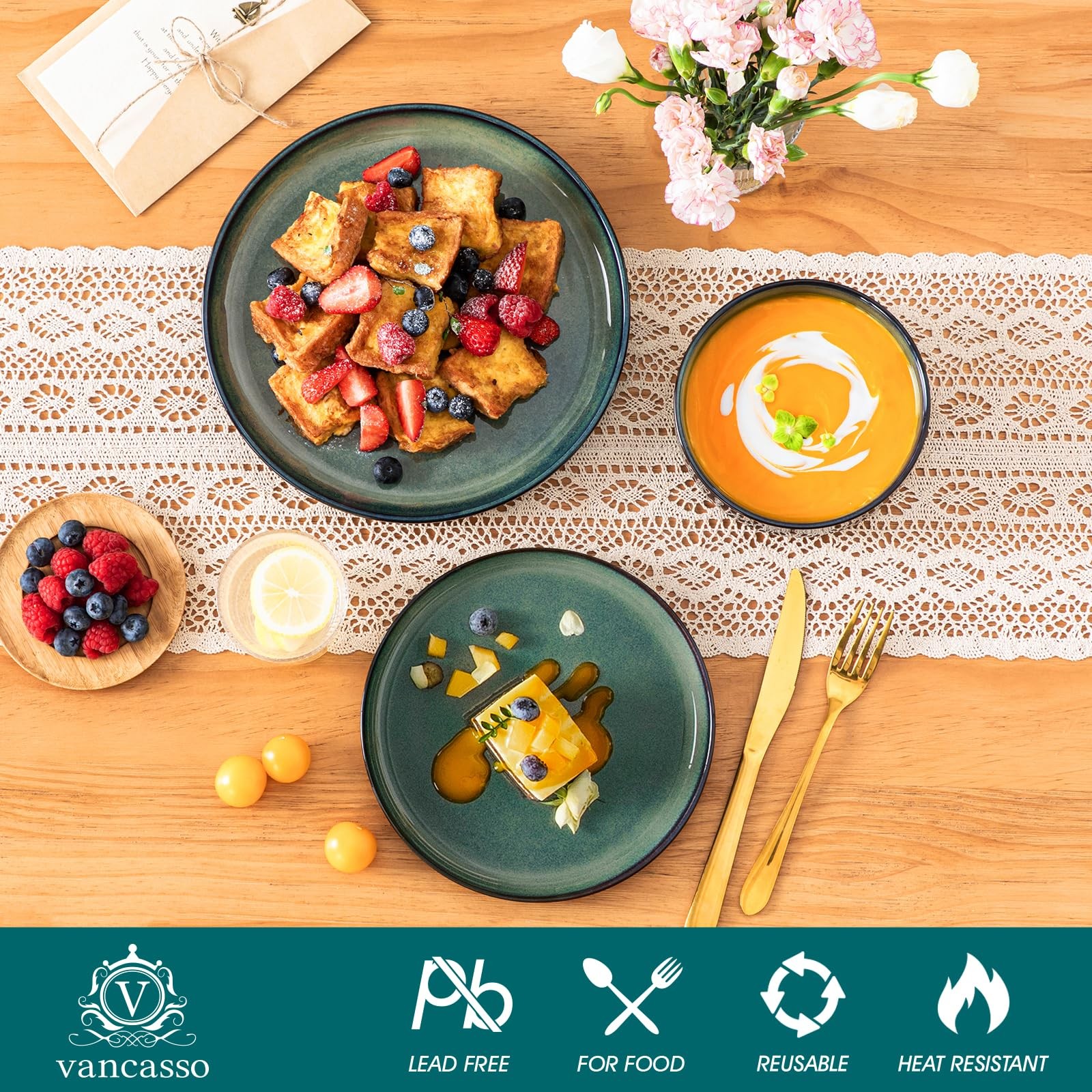 Starry 12 Pieces Dinnerware Sets for 4, Green Reactive Glaze Dishes Sets, Cer...