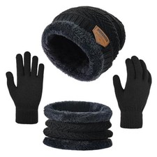 Kids Winter Beanie Hat Scarf Touchscreen Gloves Set for Boys Girls 5-15 Black