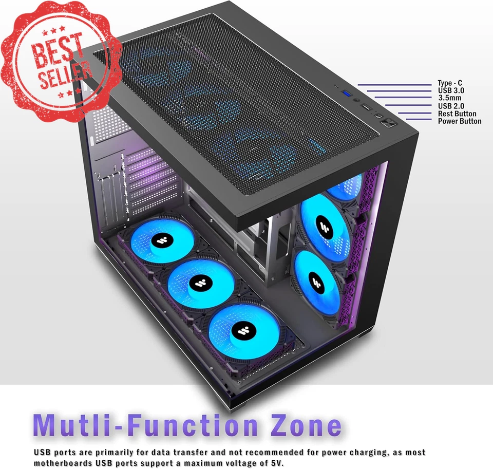 ATX Mid Tower Gaming PC Case Black w/ 9 ARGB Fans Glass Panel Type-C 360mm Cool - Image 4 of 4
