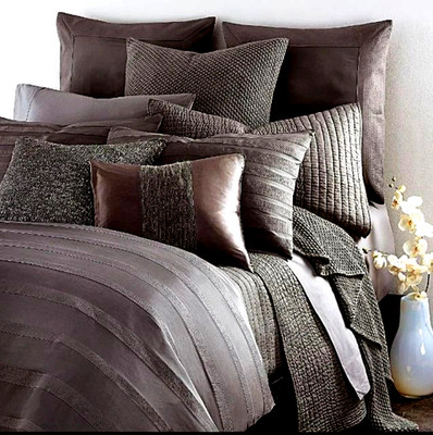  FAB DONNA KARAN CITY STRIPE F/Q  PEONY SILK DUVET COVER+EUROS+COTTON SHEET SET