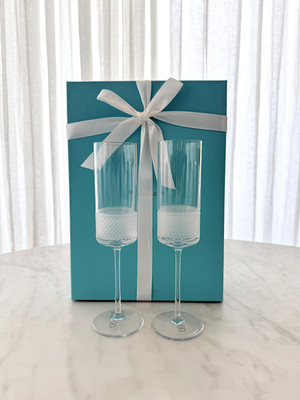 Tiffany & Co. Diamond Point Crystal Champagne Flutes   Set of 2   Brand New
