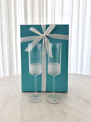 Tiffany & Co. Diamond Point Crystal Champagne Flutes — Set of 2 — Brand New
