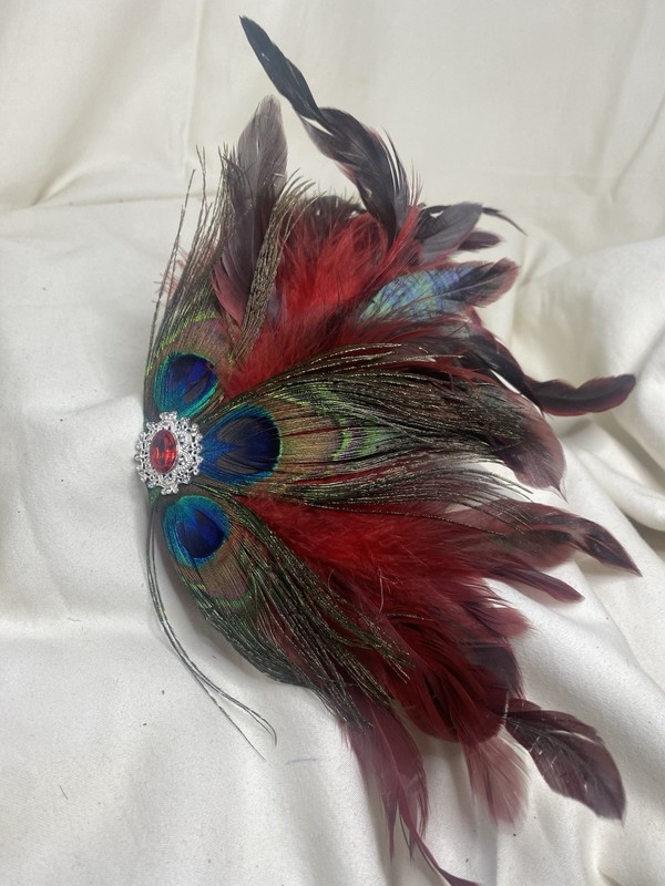 Red Peacock Feather Fascinator Hair Clip w/ Rhinestone Gem Accent, 1920s