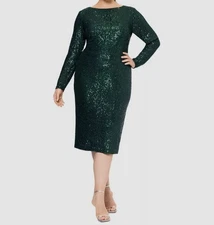 Xscape Women's Green Sequined Long-Sleeve Sheath Dress Plus Size 20W