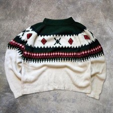 Vintage 80s Nordic Fair Isle Ski Sweater White Green Red Mens Size L