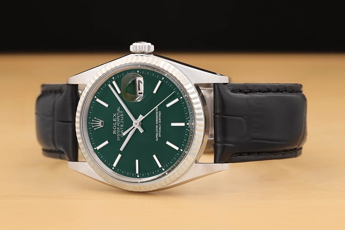 ROLEX DATEJUST 1601 GREEN DIAL 18K WHITE GOLD STEEL BLACK LEATHER