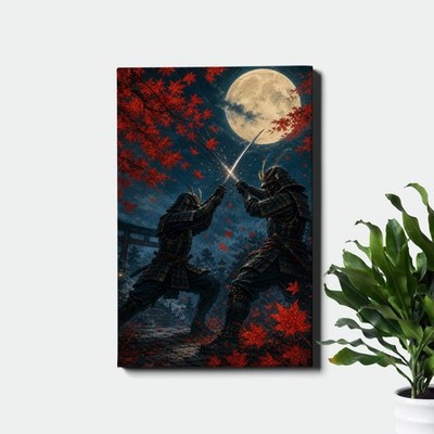 Samurai Warriors Wall Art Full Moon Duel Japanese Fantasy Scene