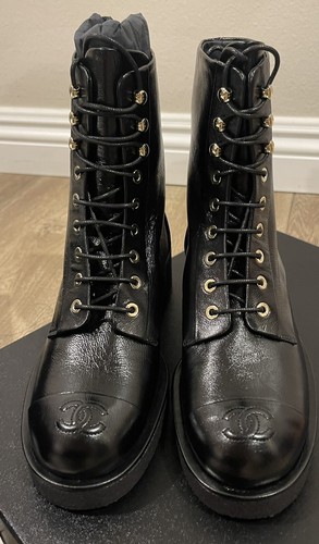 New CHANEL Shiny Calfskin Lace Up Combat Boots Black Size 37.5 22A G39162 X56682 - 第 2/7 張圖片