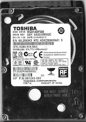 TOSHIBA MQ01ABF050 DRIVE REV AAH AA00/AM002C 500GB SATA HARD DRIVE