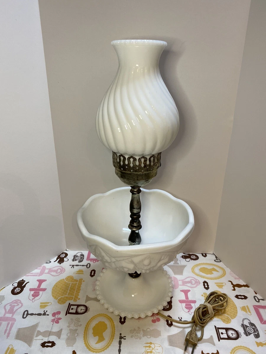 Vintage McKee White Milk Glass Lamp Toltec 18 Fruit Bowl Trinket Complete